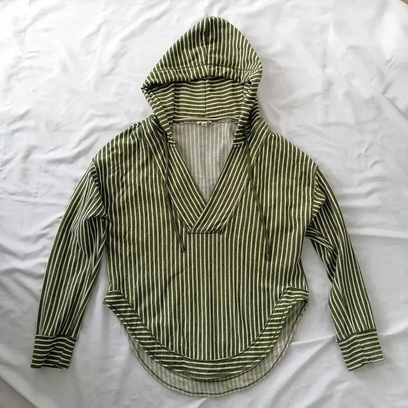 Anthropologie Pilcro Wharfside V Neck Hooded Sweatshirt Green White Stripe Small - Picture 10 of 16
